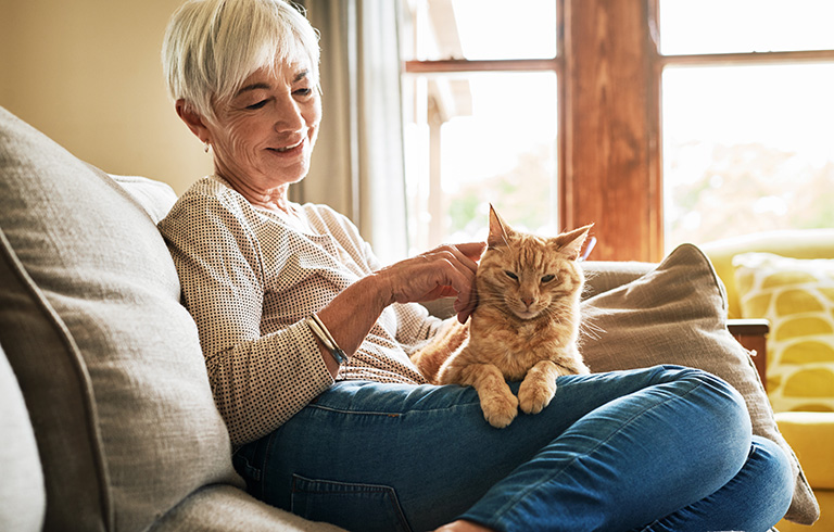 elderly woman sitting on the couch petting her cat on her lap