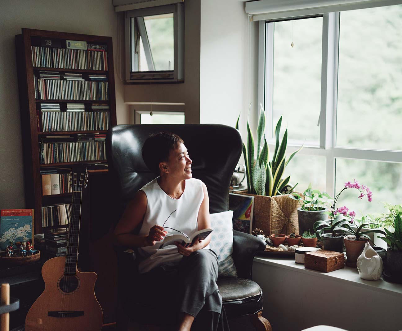 woman sitting in her living room