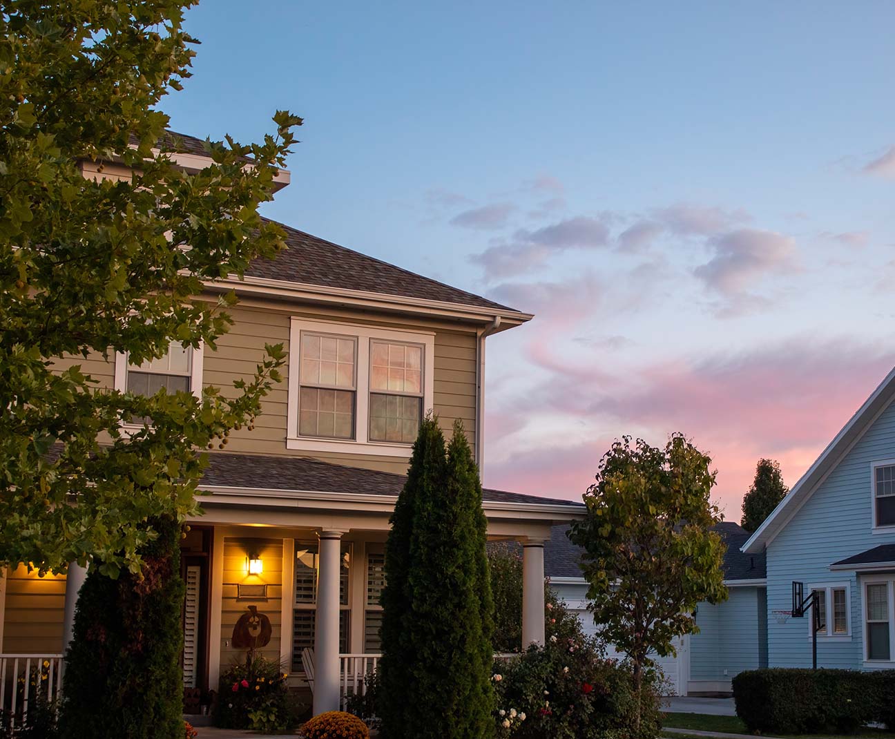 houses at sunset