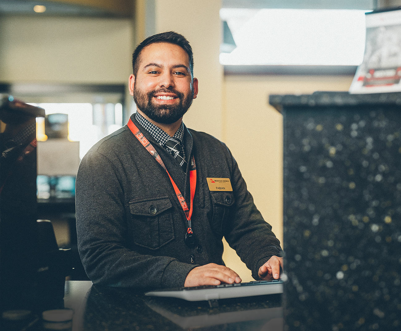 Bank teller at counter