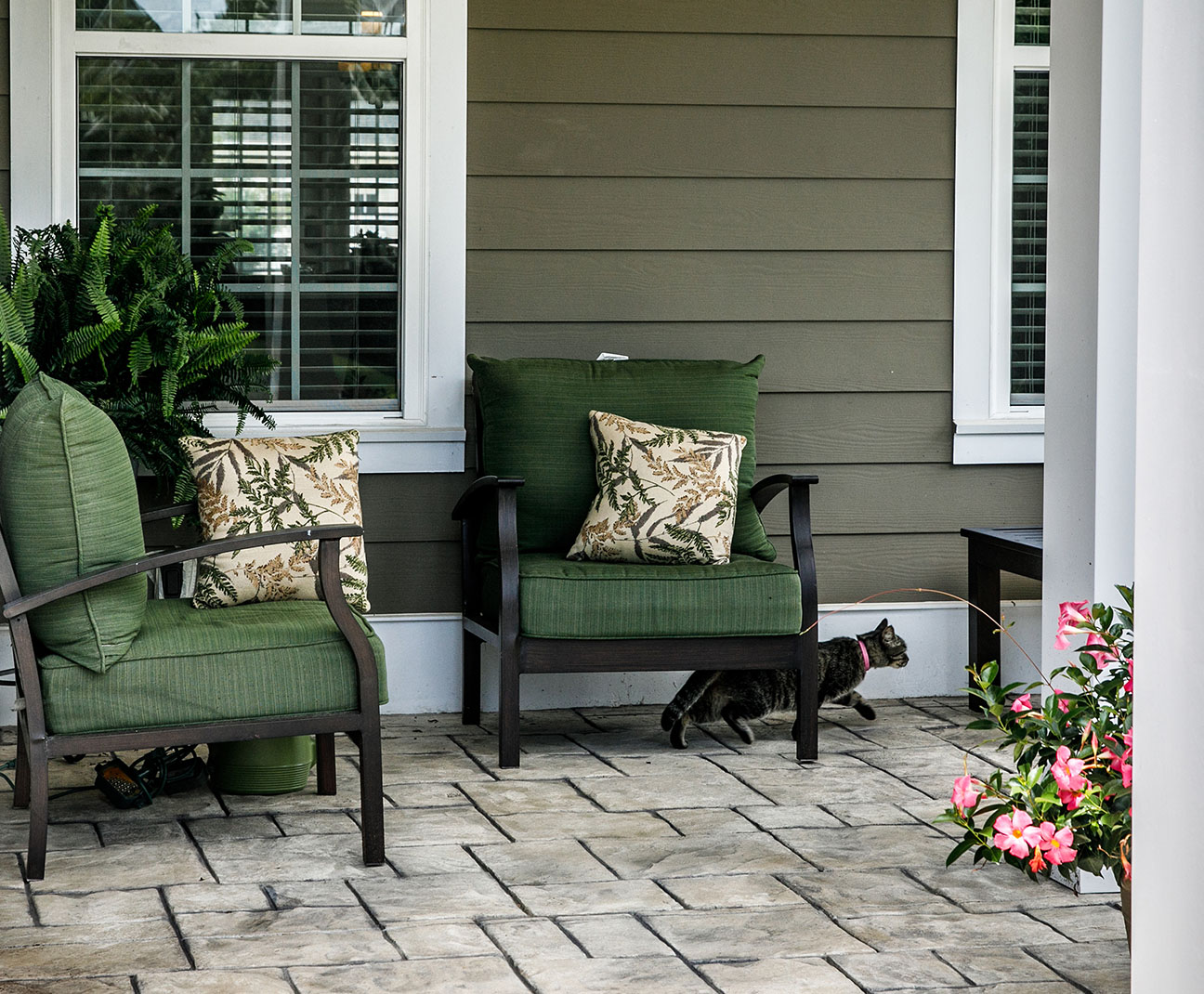 front patio with green seating