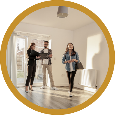 A family entering their new home.