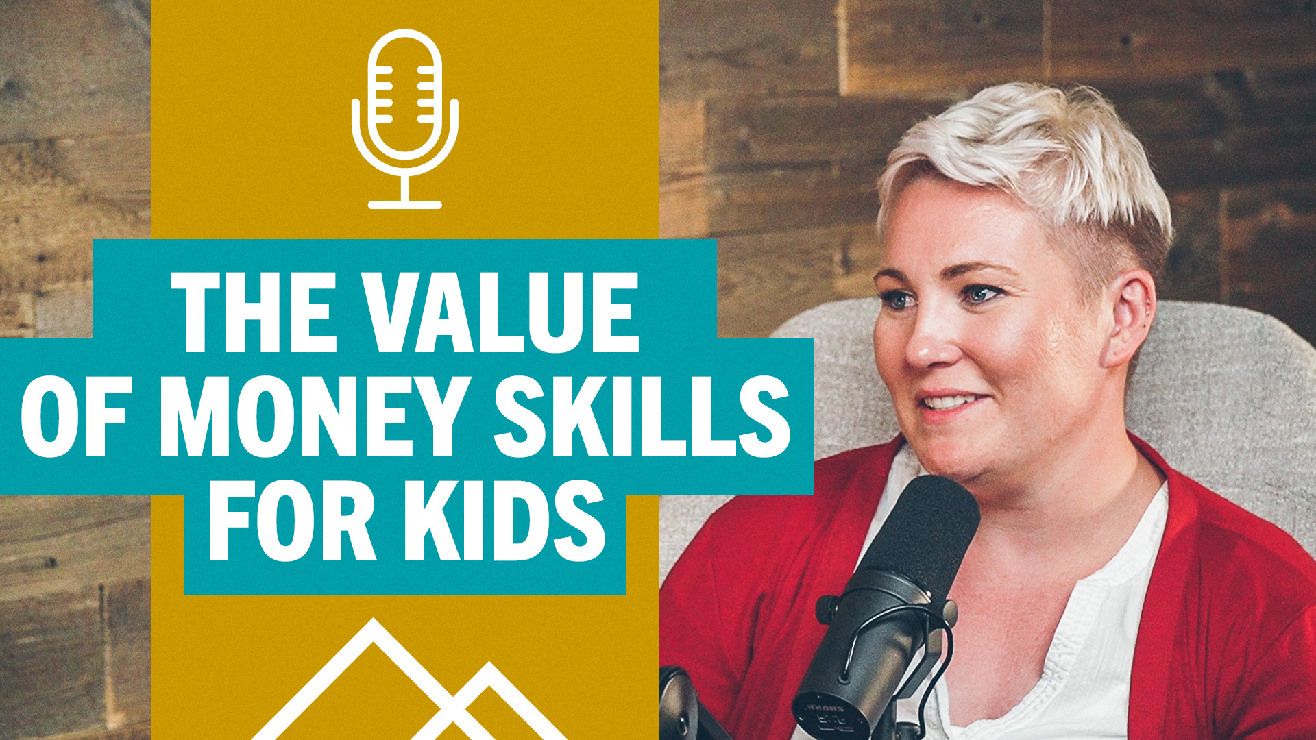 woman in red sweater at podcast mike. "The value of money skills for kids."