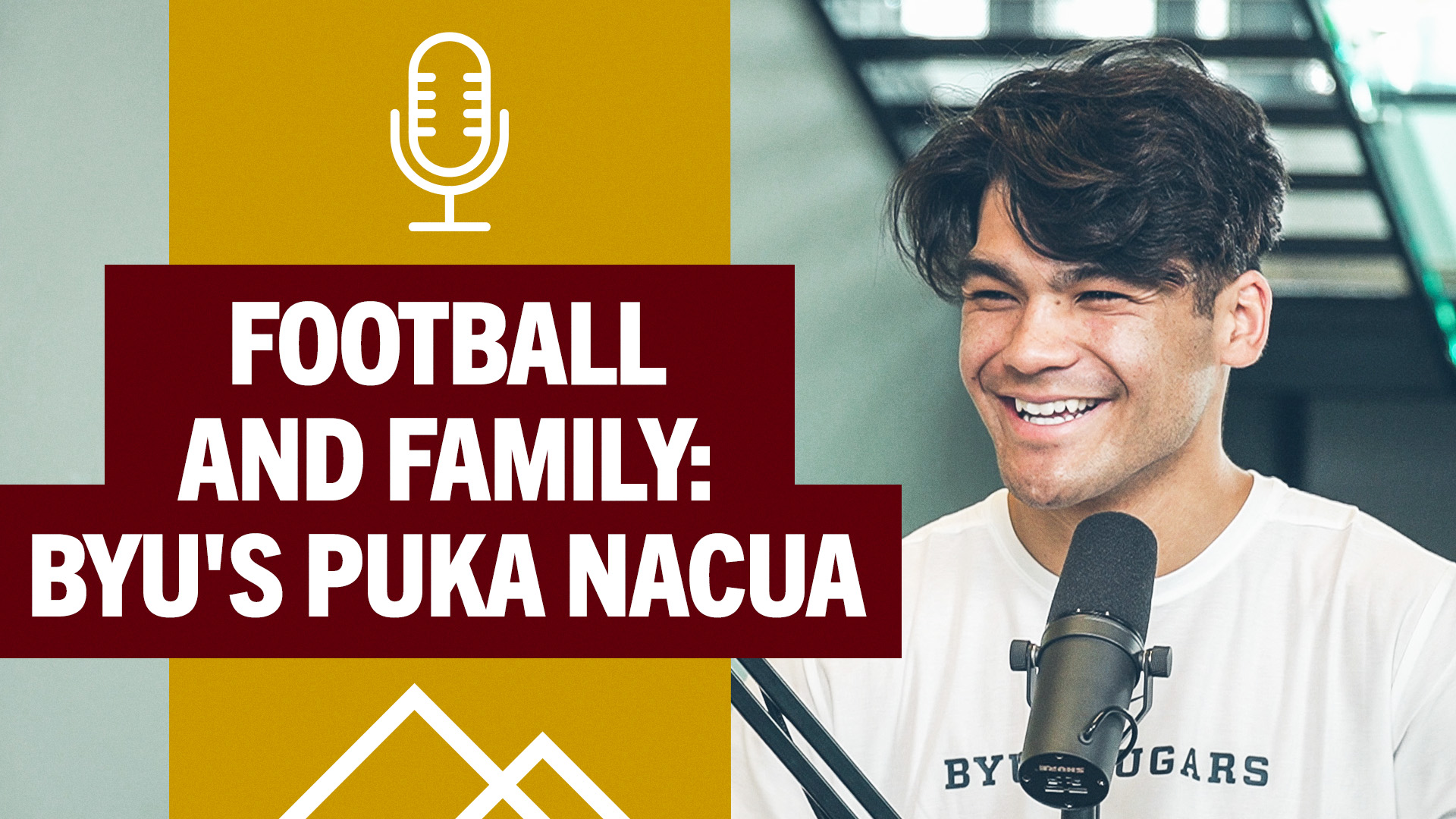 puka nacua smiling in front of microphone with text "football and family: byu's puka nacua"