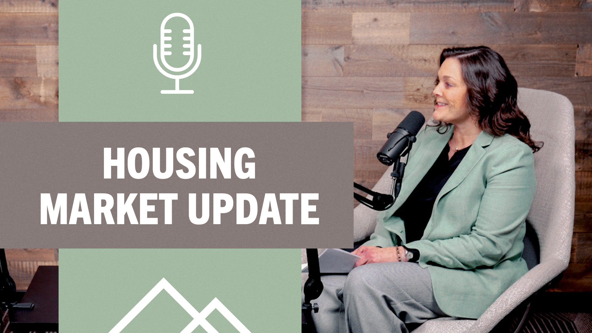 Woman sitting in front of microphone with text reading housing market update