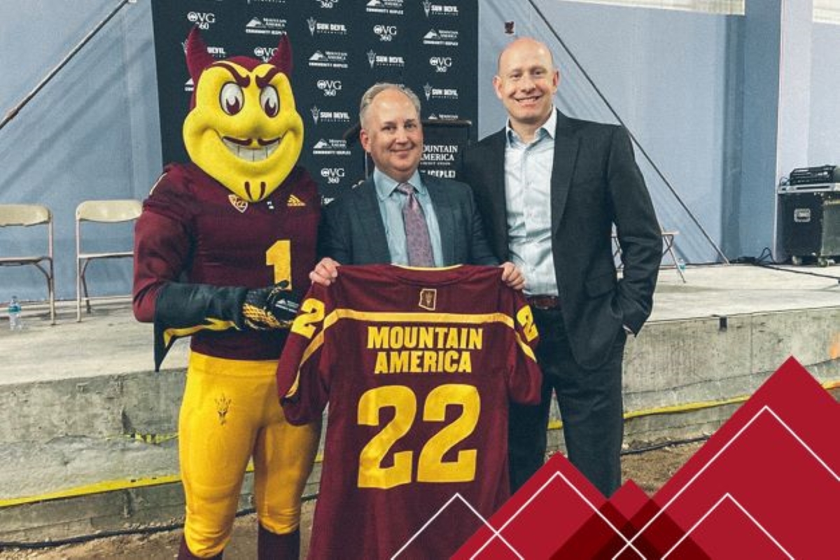 Arizona State Mascot with two mountain america employees