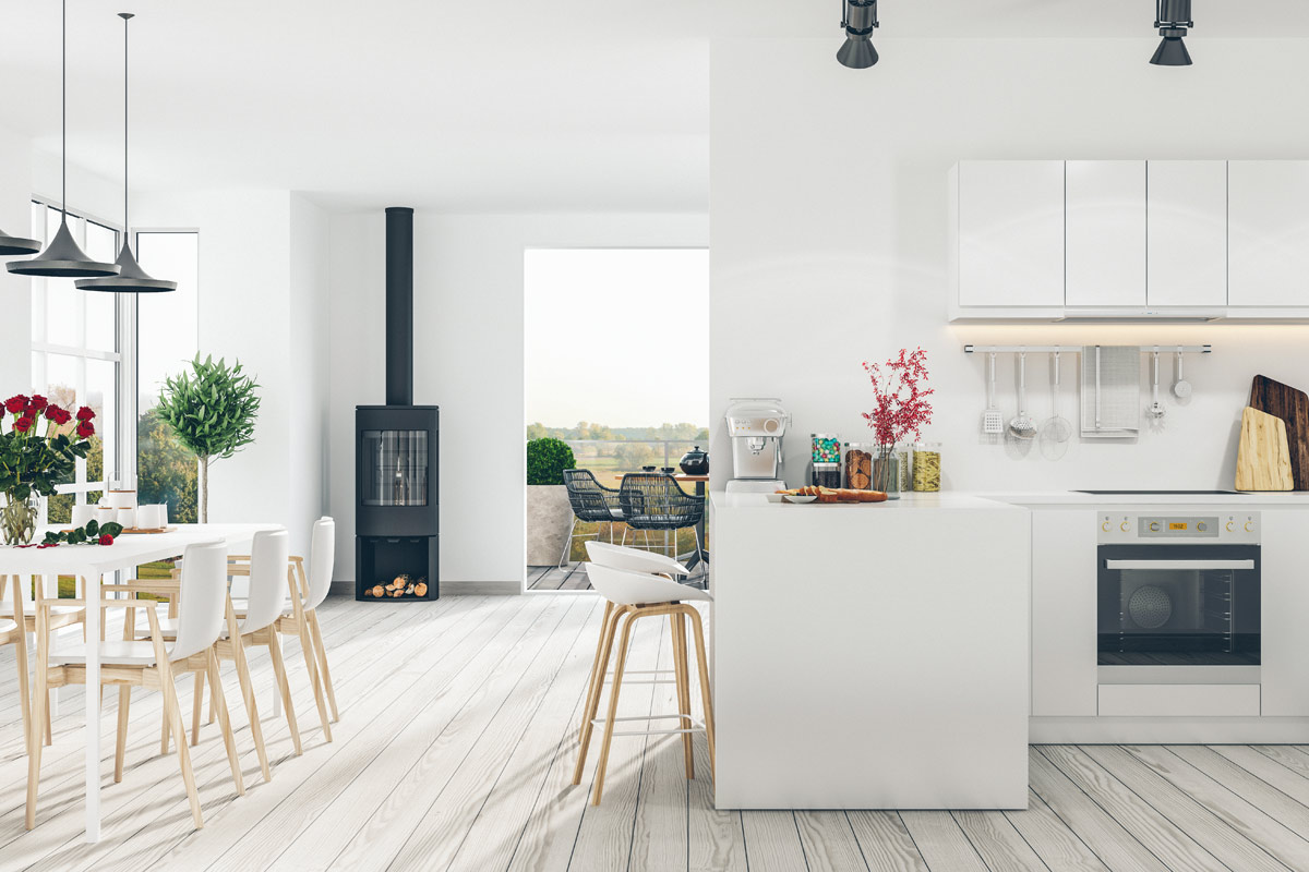 white kitchen and dining room