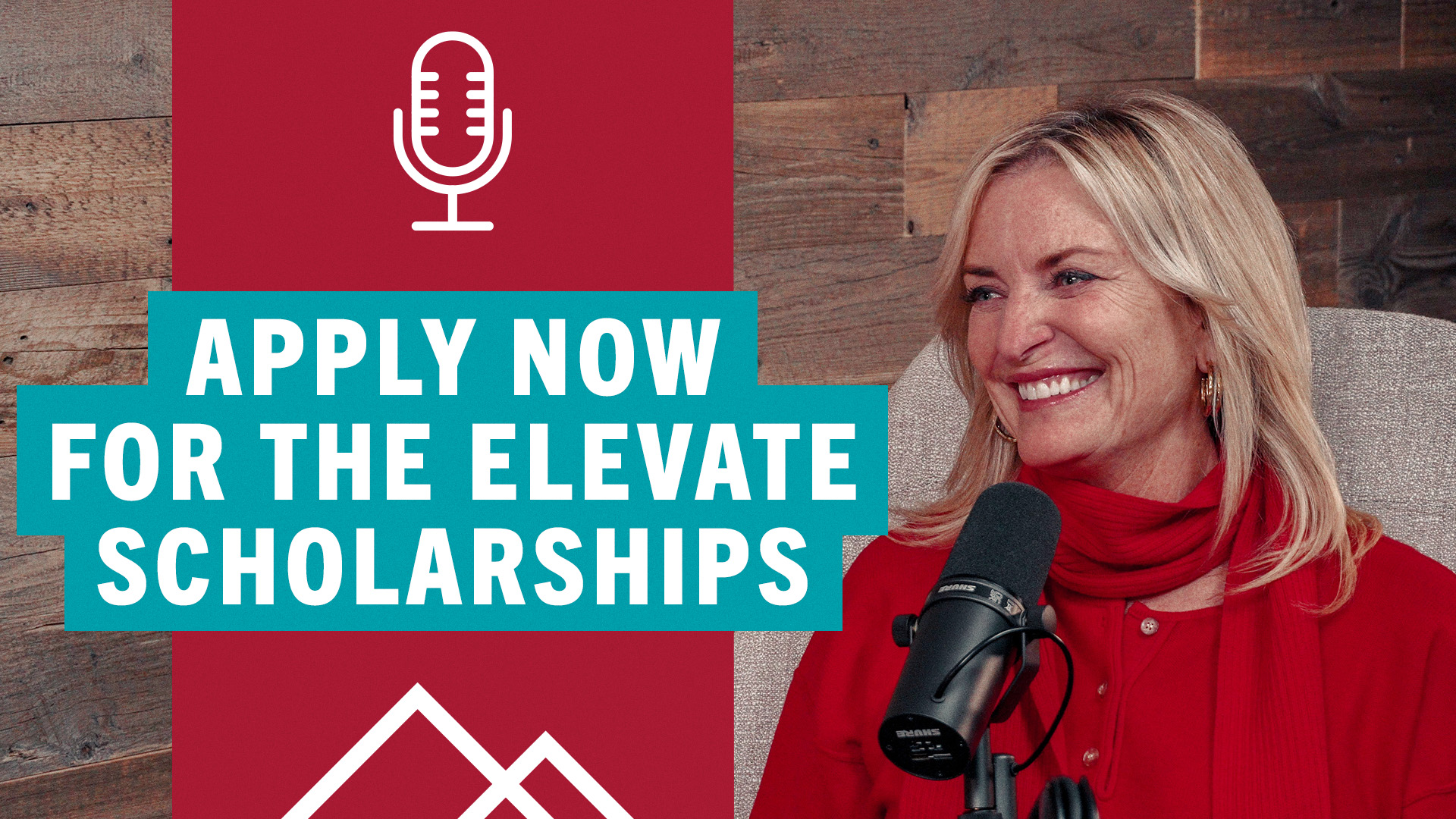 sharlene wells at podcast microphone with text apply now for the elevate scholarships